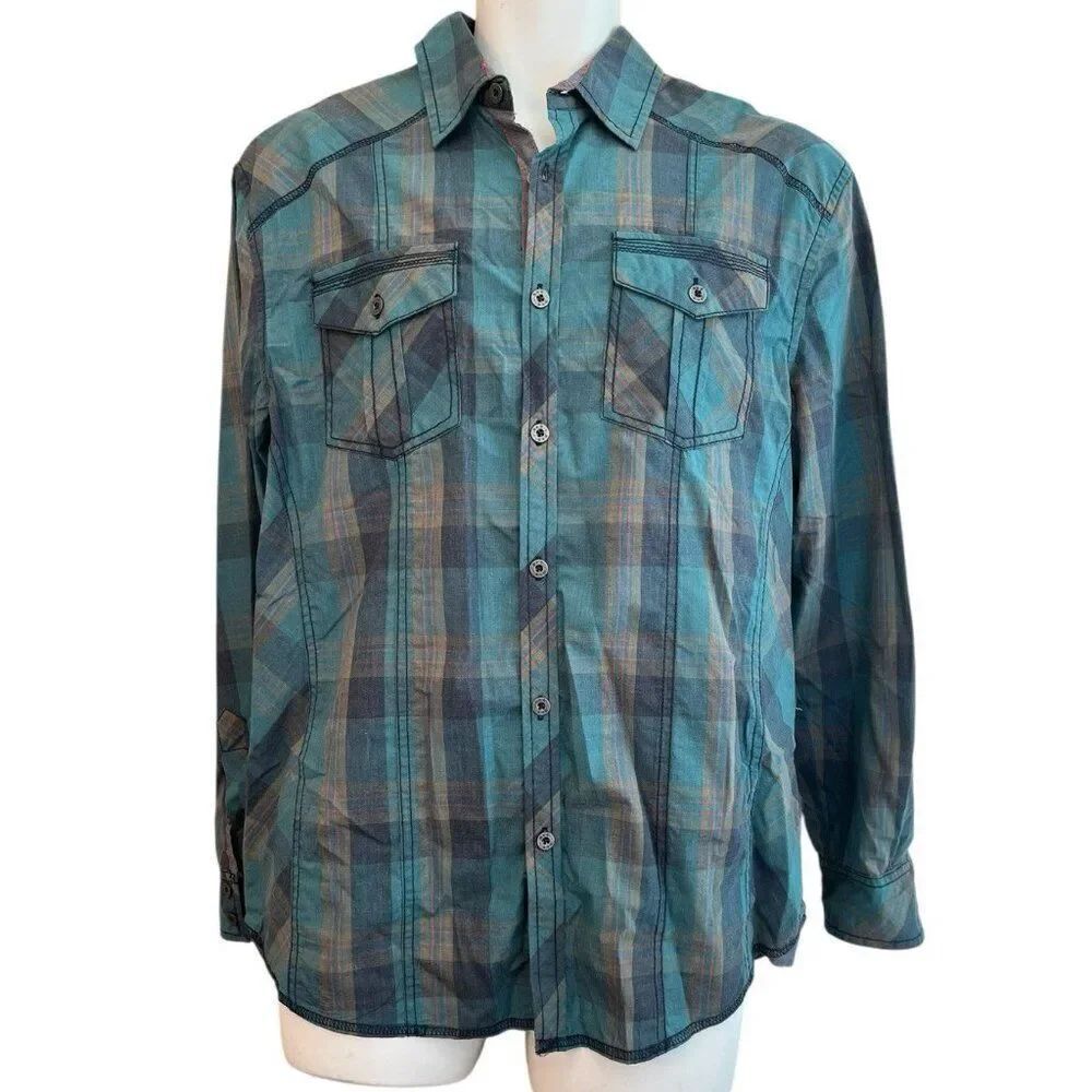 BKE Buckle Mens Medium Green Plaid Relaxed Fit Long Sleeve Button Front NWT